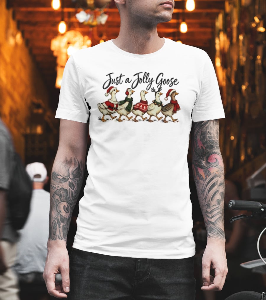 Just A Jolly Goose Christmas Holiday Ducks Sweaters And Santa Hats T-Shirt