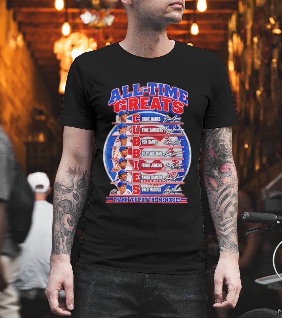Chicago Cubs All Time Greats Ernie Banks Ryne Sandberg Ron Santo Billy Williams Fergie Jenkins Andre Dawson Greg Maddux Thank You For The Memories T-Shirt