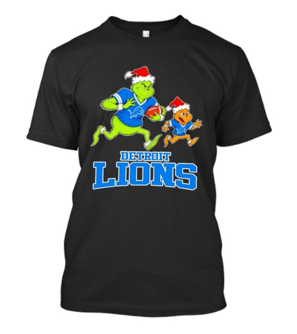 Detroit Lions Grinch Christmas Santa Hats Holding Football T-Shirt