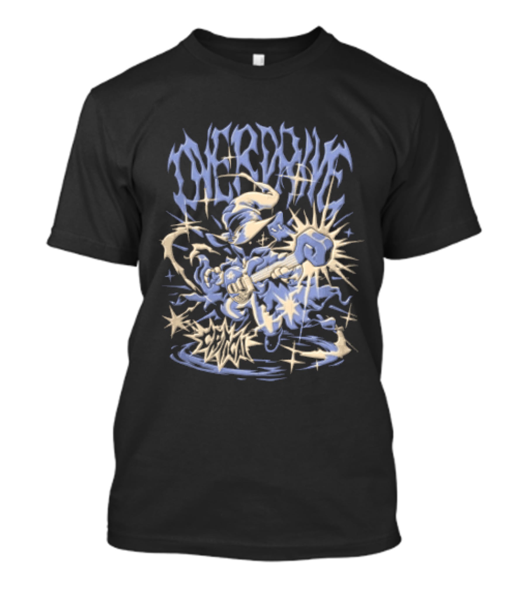 Overdrive Critical Wizard Playing Electric Guitar With Stars T-Shirt