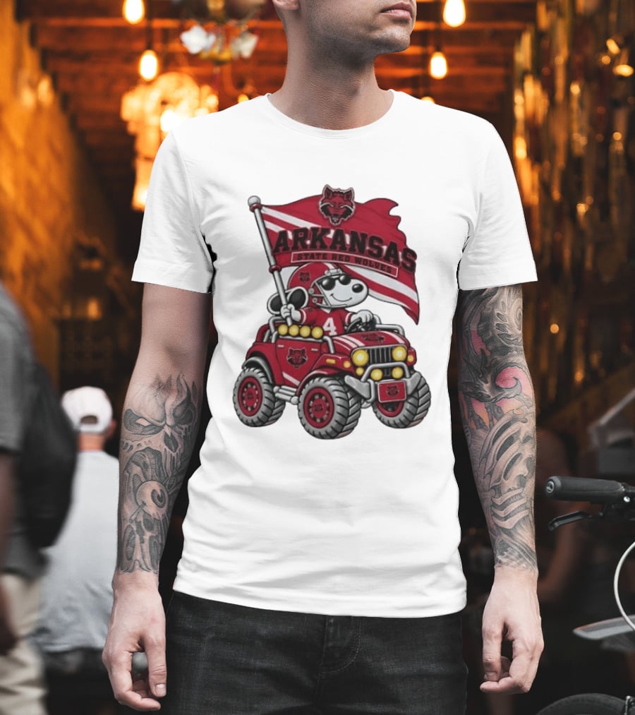 Arkansas State Red Wolves Snoopy Football Offroad Jeep Adventure T-Shirt