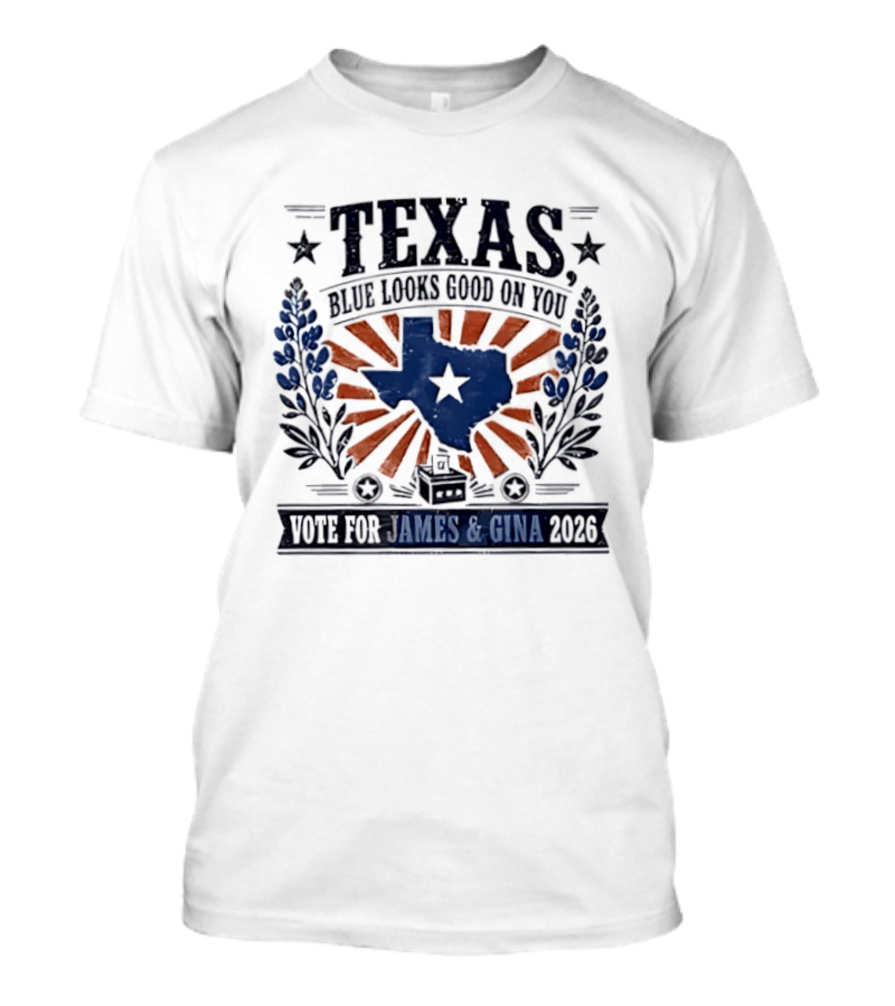 Texas Blue Looks Good On You Vote For James Gina 2026 Sunburst Texas Map T-Shirt