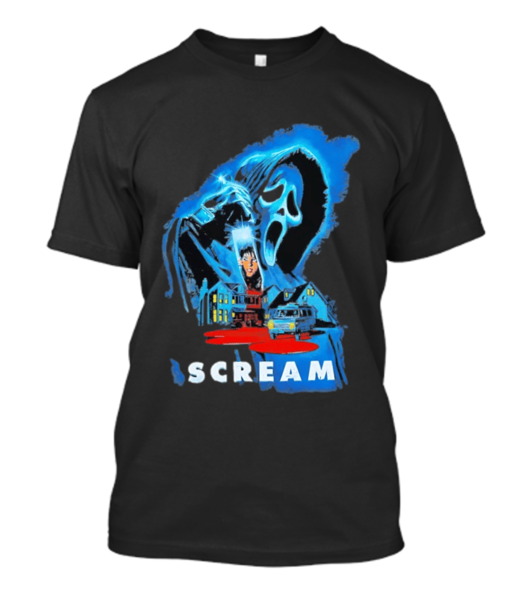 Ghostface Scream Horror Halloween Vintage Art With Mysterious House And Van T-Shirt