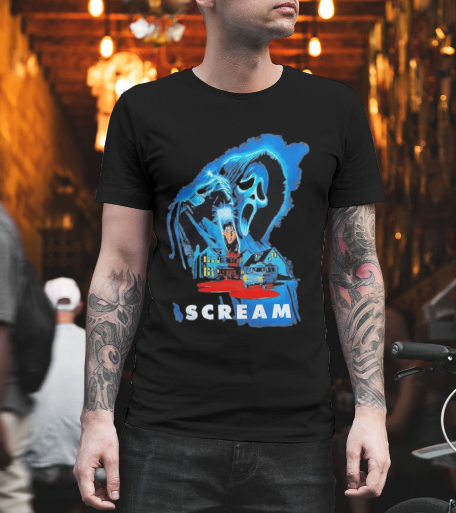 Ghostface Scream Horror Halloween Vintage Art With Mysterious House And Van T-Shirt