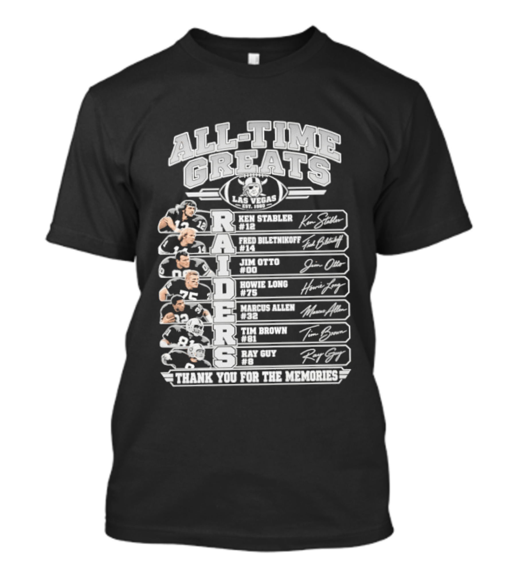Las Vegas Raiders All Time Greats Players Signatures NFL Legends Vintage Helmet Thank You For The Memories T-Shirt