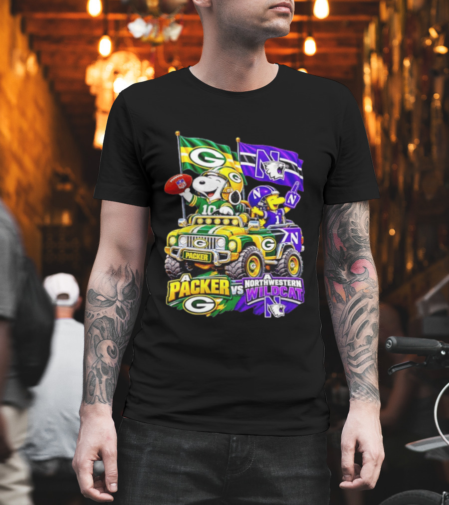 Snoopy Green Bay Packers Northwestern Wildcats Crossover Adventure T-Shirt