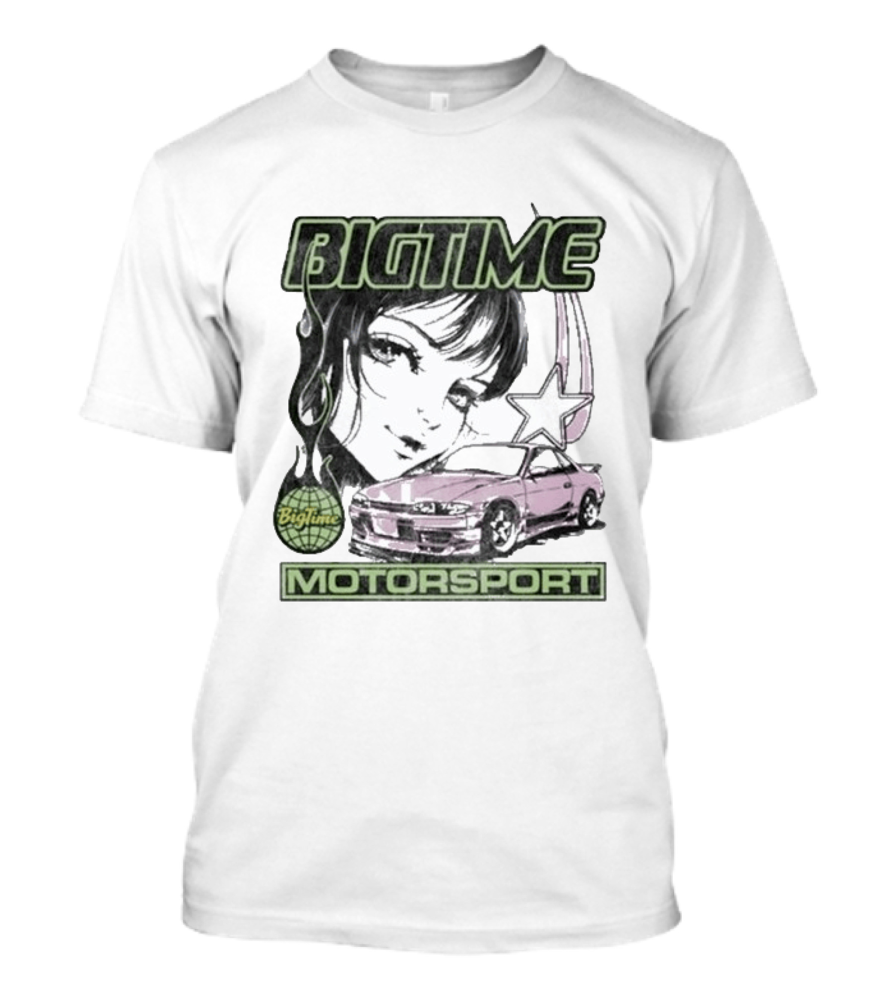 BigTime Motorsport Anime Car And Girl Graphic With Star And Globe T-Shirt