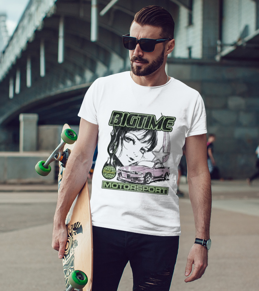 BigTime Motorsport Anime Car And Girl Graphic With Star And Globe T-Shirt