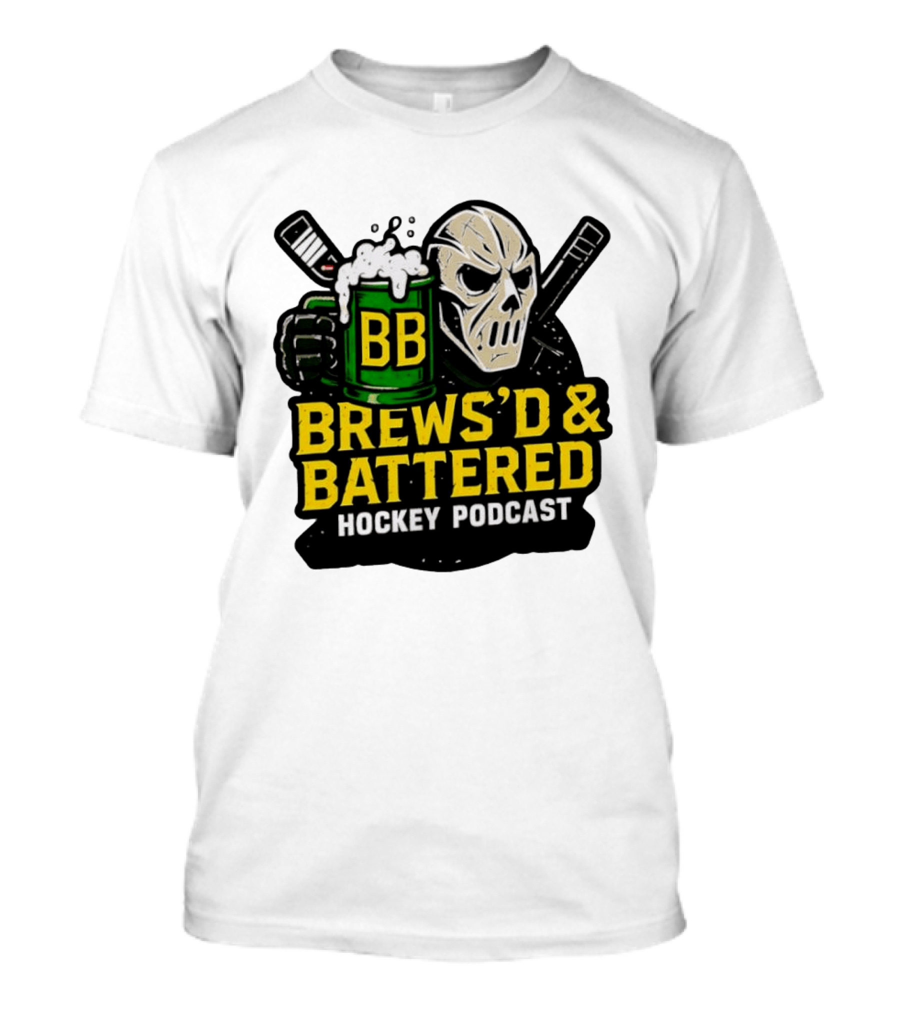 BB Brews'd & Battered Hockey Podcast Skull With Hockey Sticks And T-Shirt
