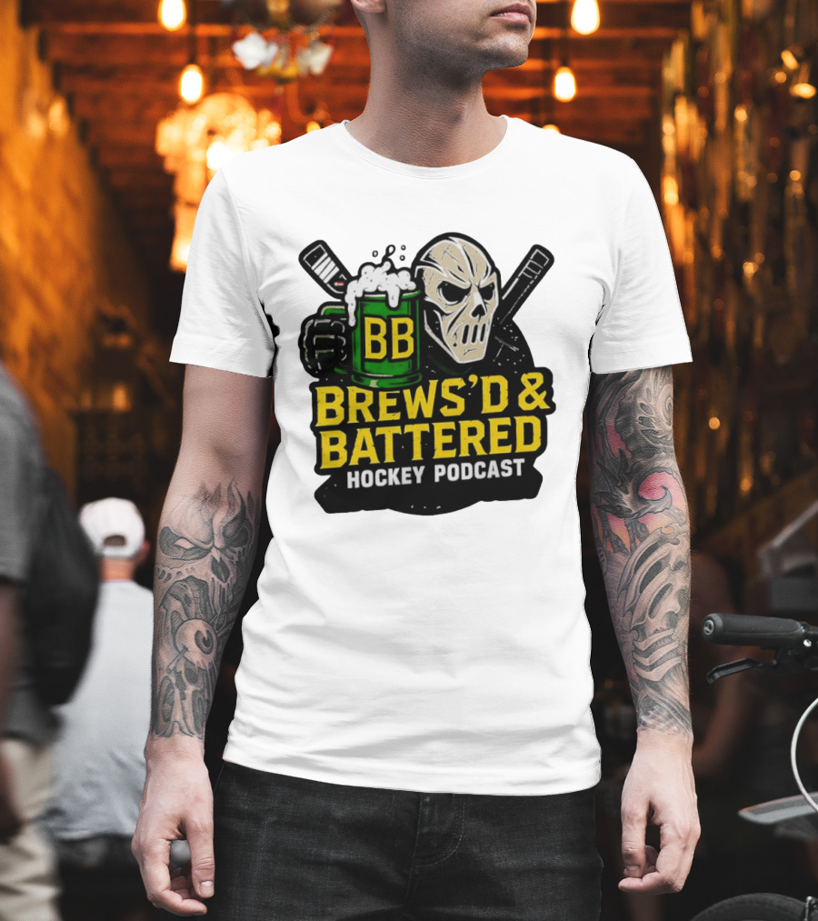 BB Brews'd & Battered Hockey Podcast Skull With Hockey Sticks And T-Shirt