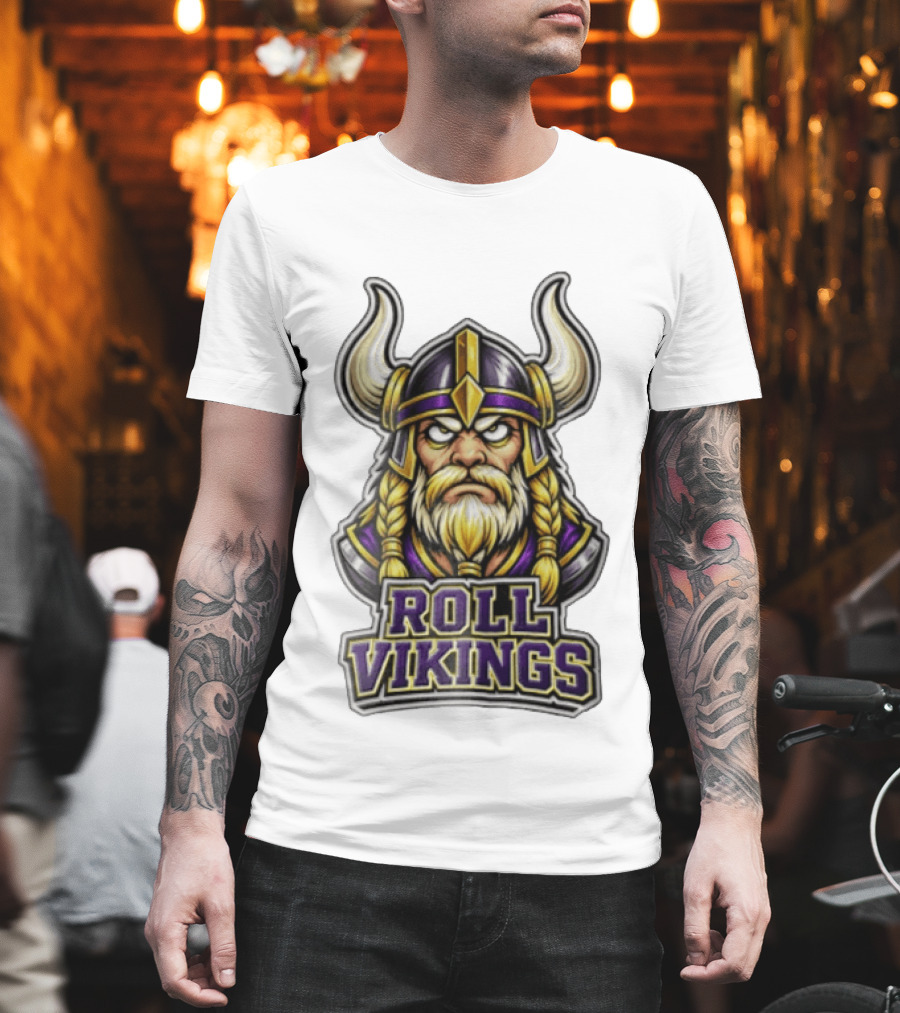 Minnesota Vikings Roll Viking Warrior Head Horned Helmet T-Shirt