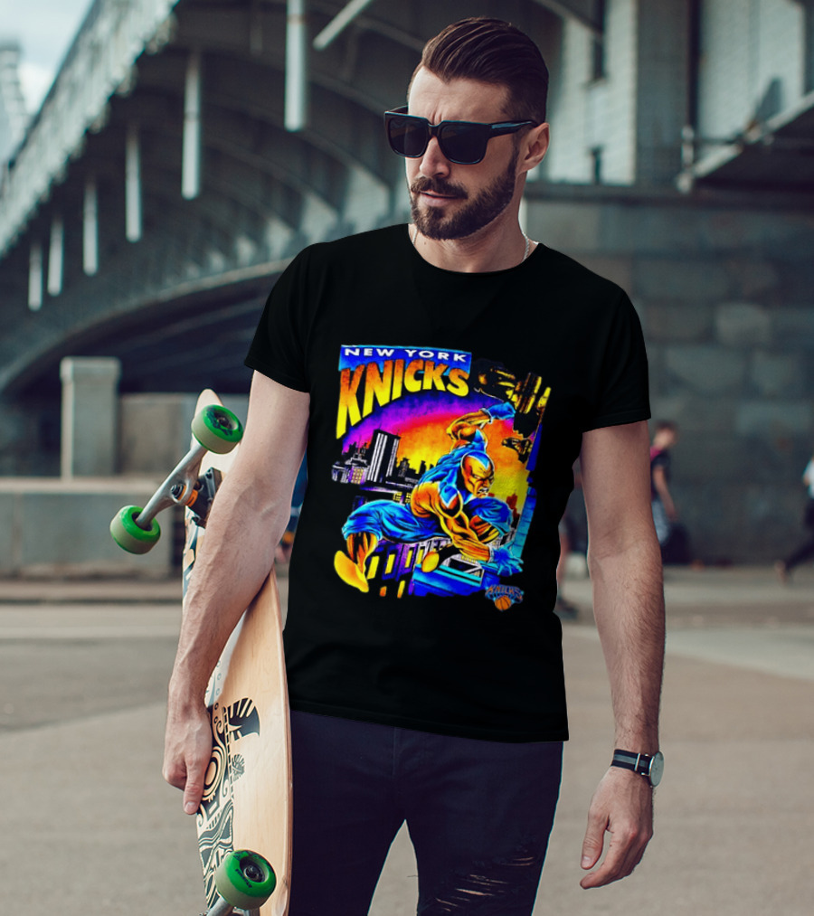 New York Knicks Superhero Action Skyline Scene T-Shirt