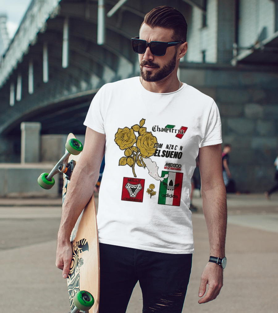 Mexico Willy Chavarria Adidas Comienza Con El Sueno 2026 Collaboration Gold Roses Map Mexican Flag T-Shirt