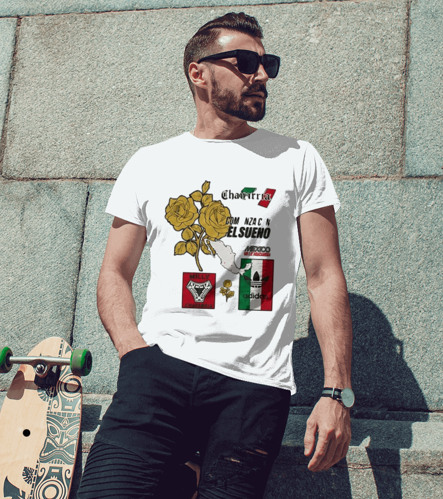 Mexico Willy Chavarria Adidas Comienza Con El Sueno 2026 Collaboration Gold Roses Map Mexican Flag T-Shirt
