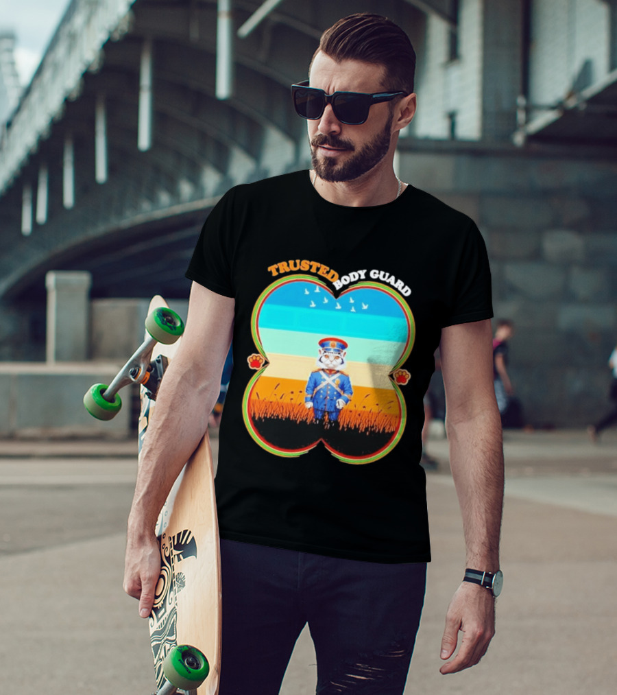 Trusted Body Guard Cat In Uniform With Sunset And Bird T-Shirt