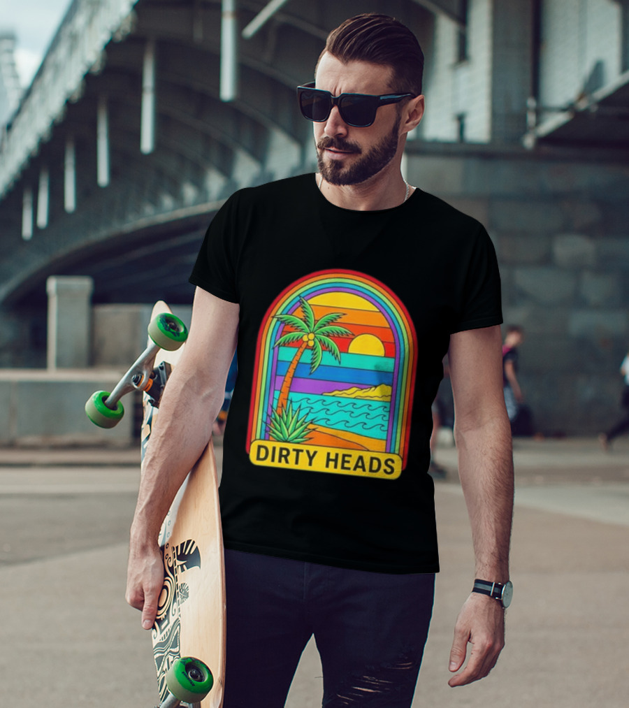 Dirty Heads Vibrant Sunset Beach Scene With Palm Tree And Waves T-Shirt