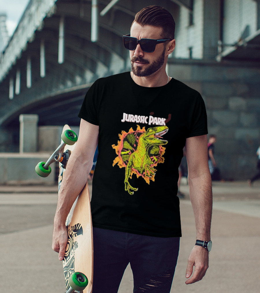 Velociraptor Jurassic Park Dinosaur Breaking Through Wall T-Shirt