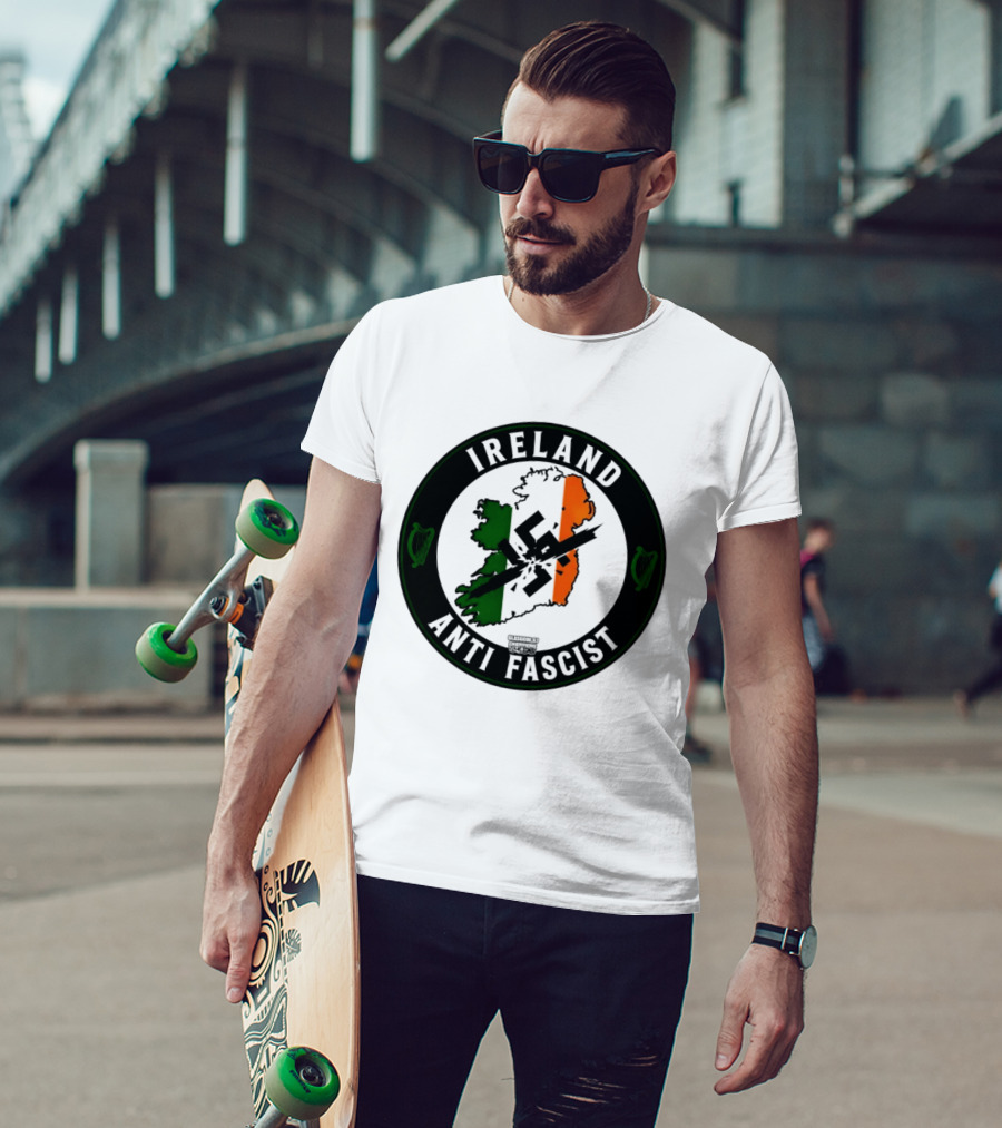 Ireland Anti Fascist Map Design With Tri Color Stripes And Crossed Out T-Shirt