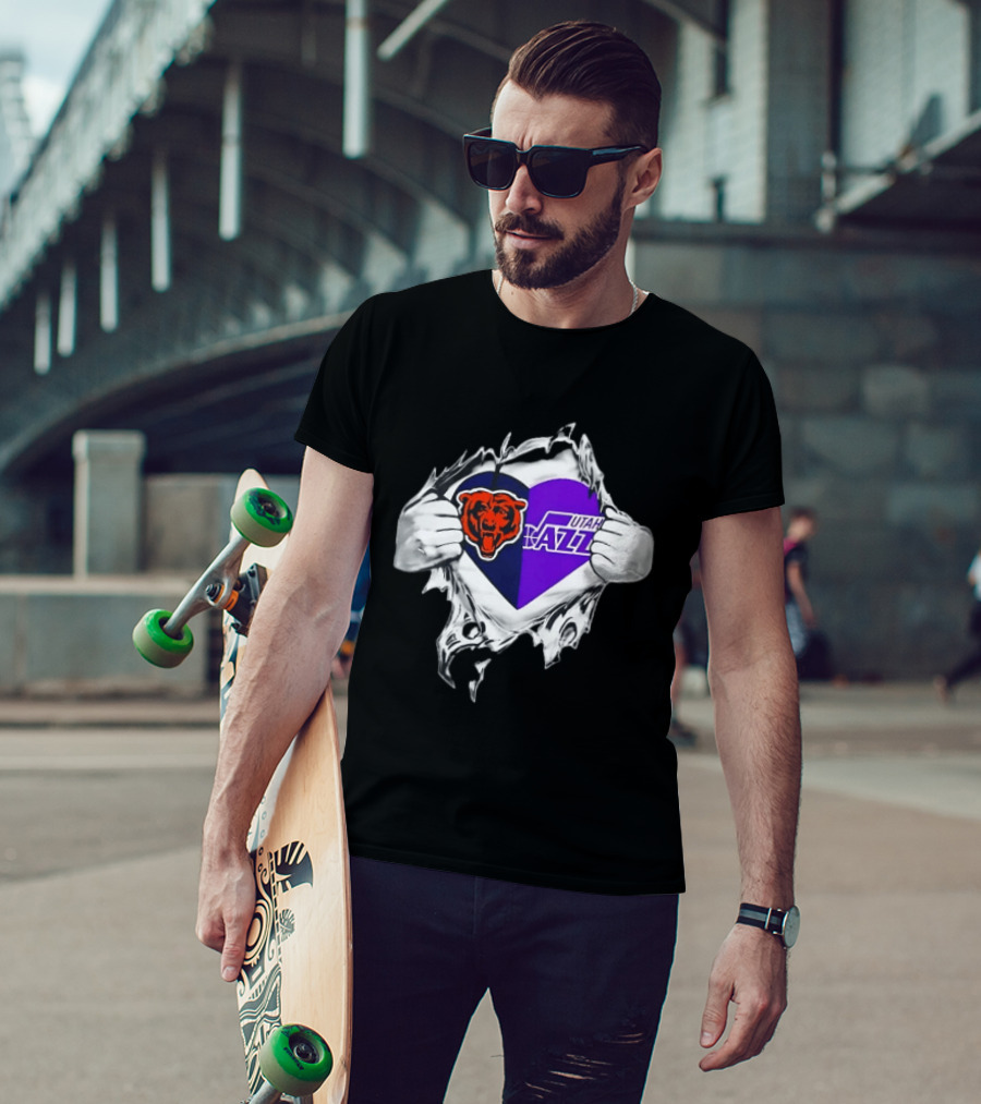 Heart Split Chicago Bears Utah Jazz Team Logos T-Shirt
