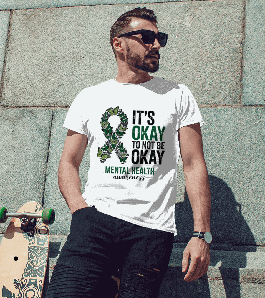 It's Okay To Not Be Okay Butterfly Ribbon Mental Health Awareness T-Shirt