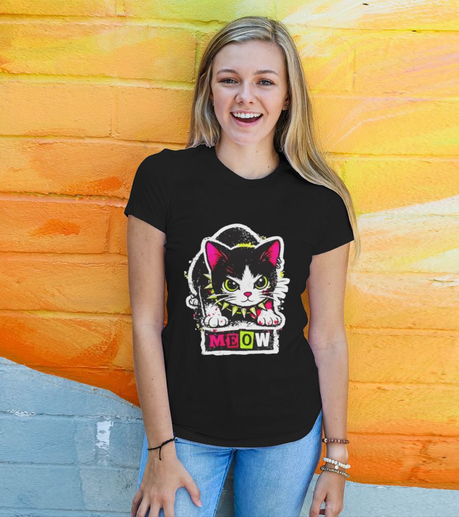 Punk Rock Cat Studded Collar Meow For Music Fans And Cat Lovers T-Shirt