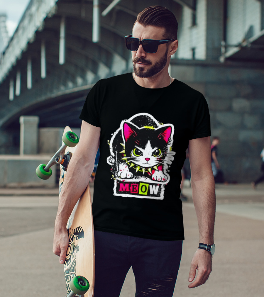 Punk Rock Cat Studded Collar Meow For Music Fans And Cat Lovers T-Shirt