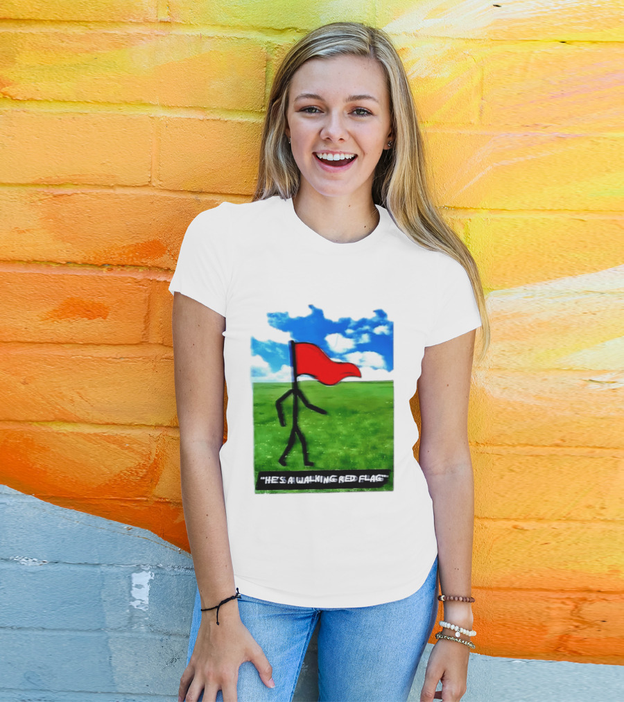 Stick Figure With Red Flag Walking In Field With Blue Sky T-Shirt