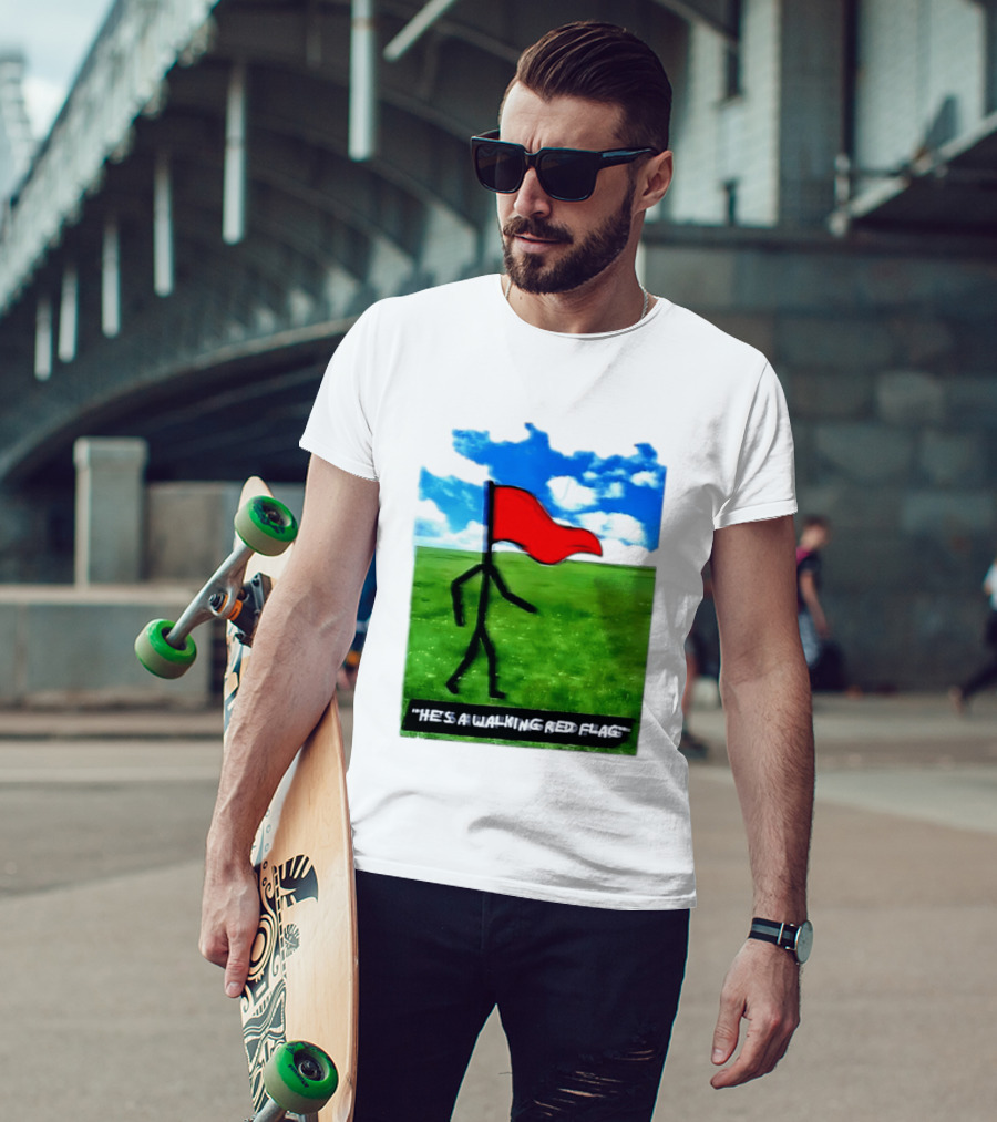 Stick Figure With Red Flag Walking In Field With Blue Sky T-Shirt