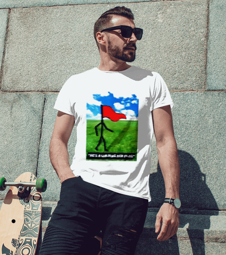Stick Figure With Red Flag Walking In Field With Blue Sky T-Shirt