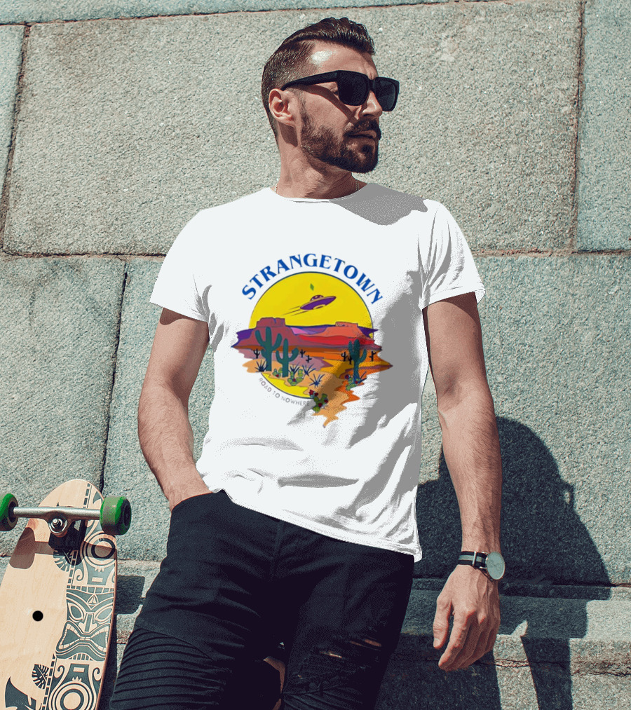Strangetown Road To Nowhere The Sims Alien UFO Desert Saguaro Cactus T-Shirt