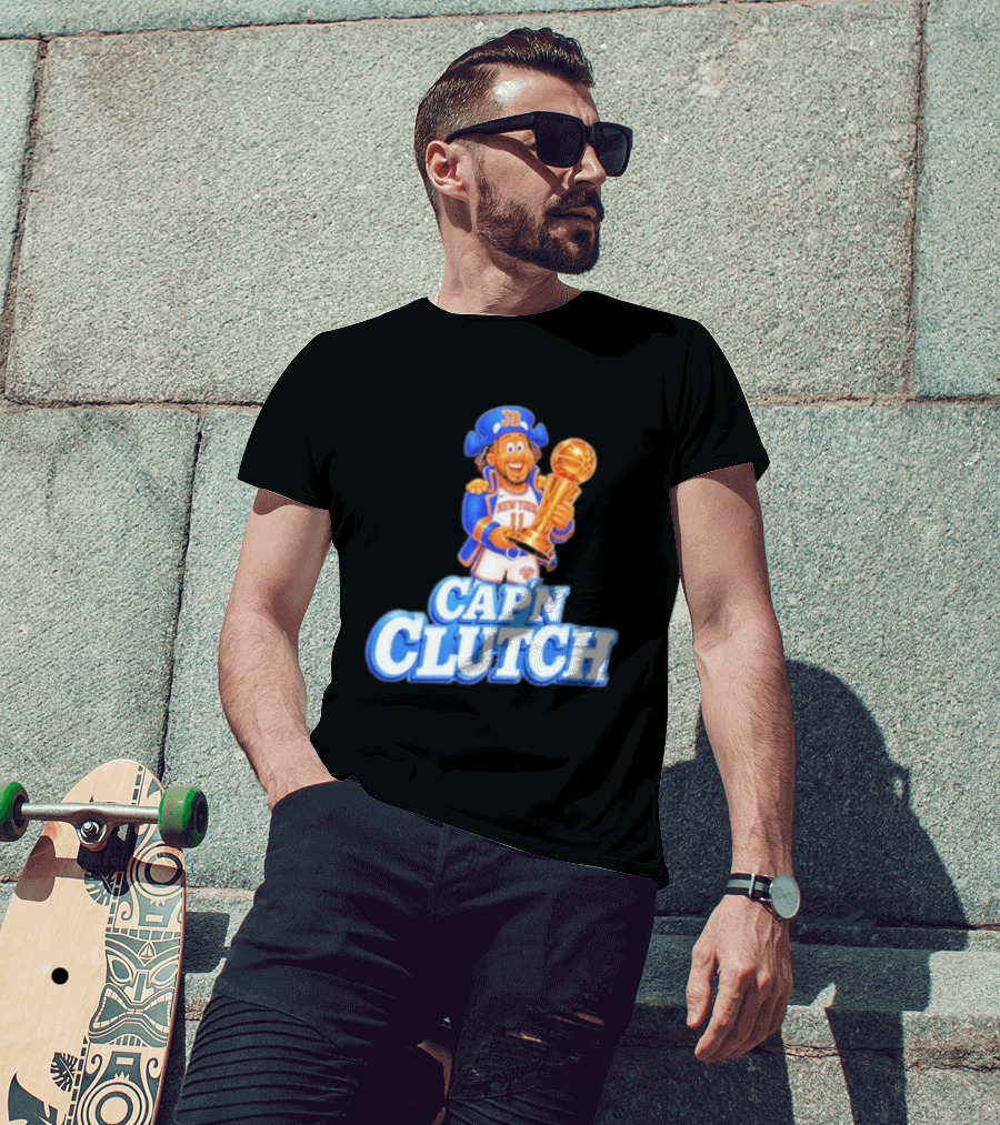 Cap'n Clutch Jalen Brunson New York Knicks Trophy Celebration T-Shirt