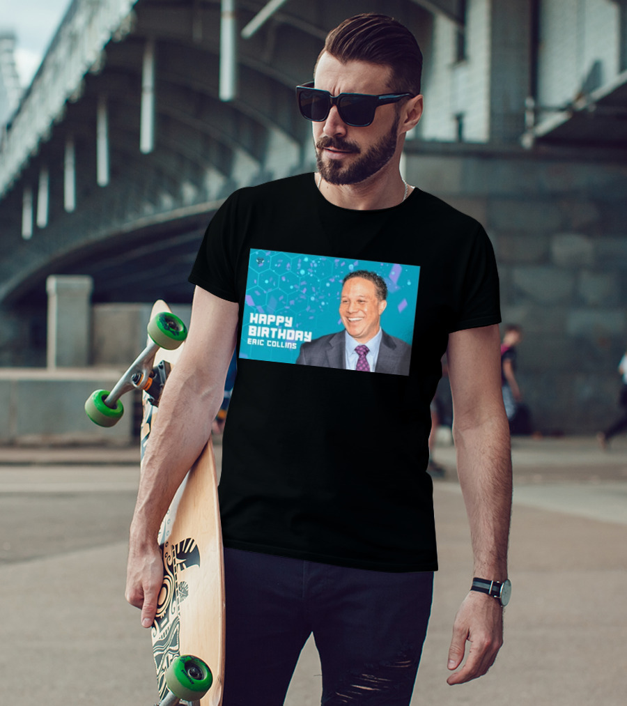 Happy 57th Birthday Eric Collins Celebration With Smiling Man And Turquoise Hexagonal T-Shirt