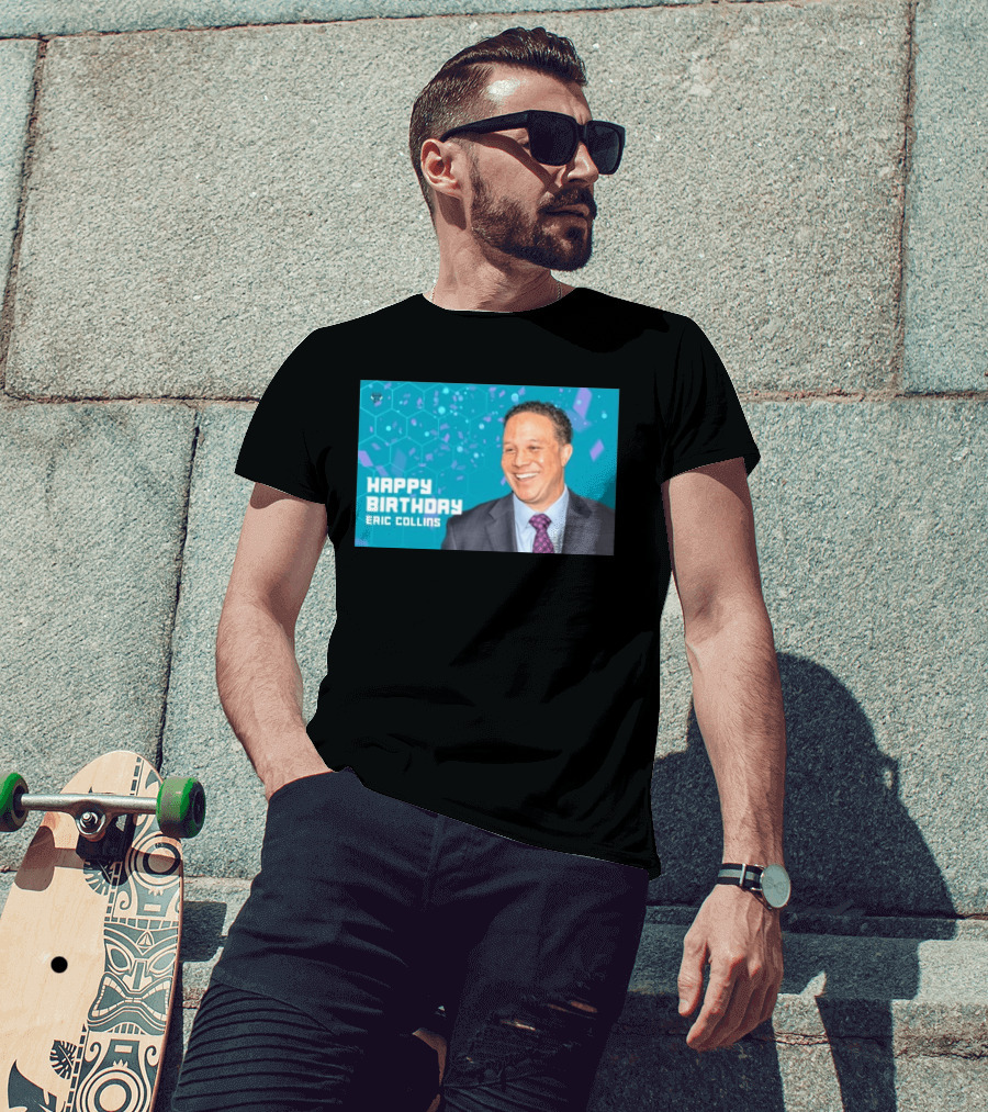 Happy 57th Birthday Eric Collins Celebration With Smiling Man And Turquoise Hexagonal T-Shirt