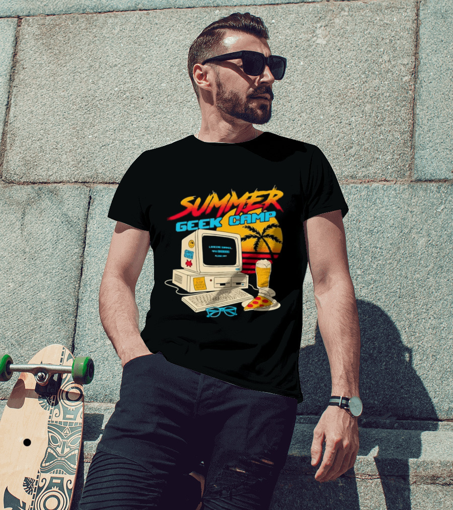 Summer Geek Camp Retro Computer Pizza And Palm Vibes T-Shirt