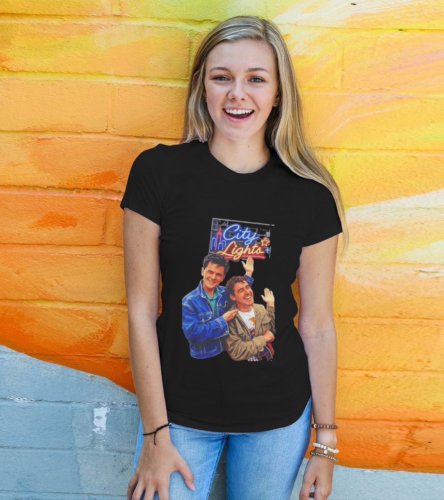 Two Men Smiling And Waving City Lights Neon Sign T-Shirt