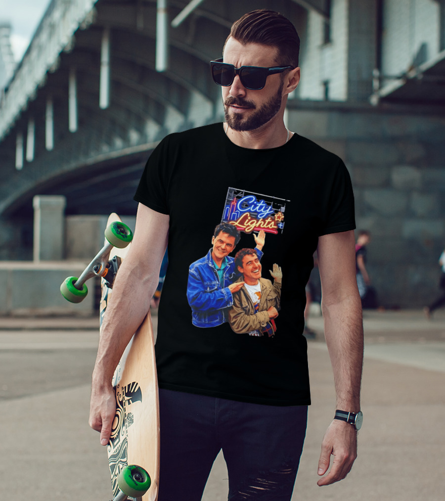 Two Men Smiling And Waving City Lights Neon Sign T-Shirt