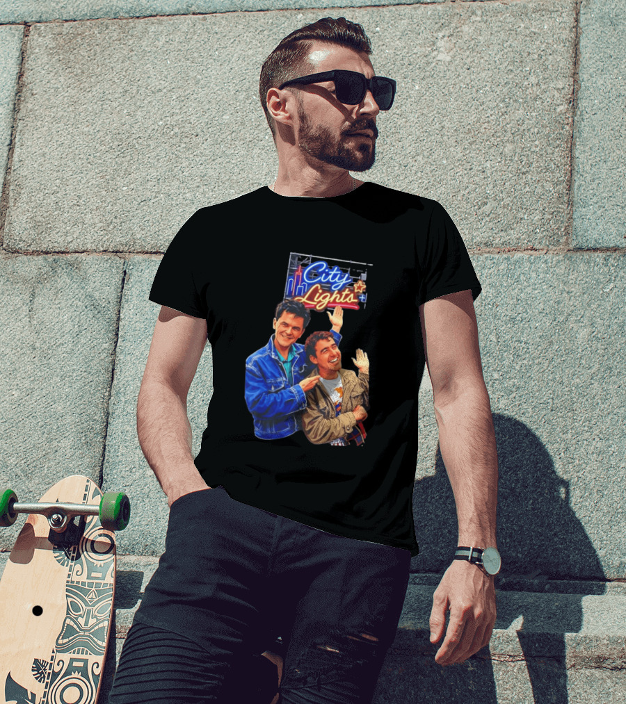 Two Men Smiling And Waving City Lights Neon Sign T-Shirt