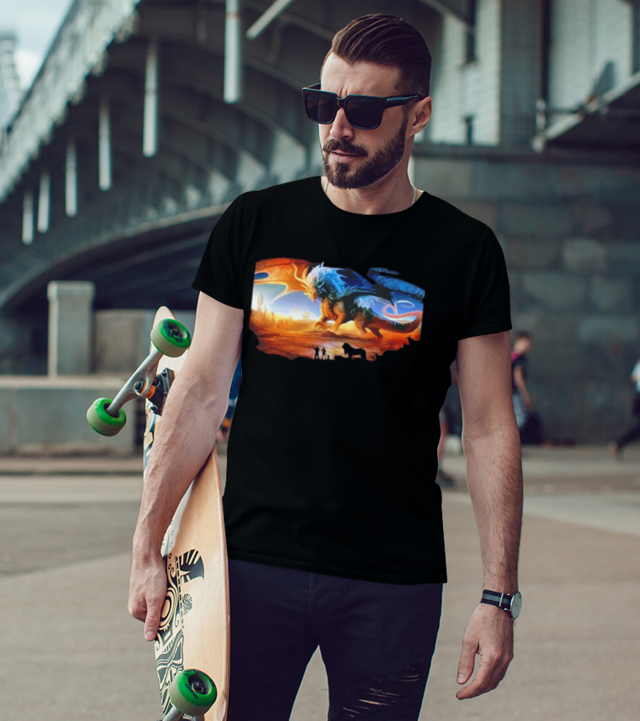 Giant Dragon In Radiant Golden Light With Blue And Orange Wings T-Shirt