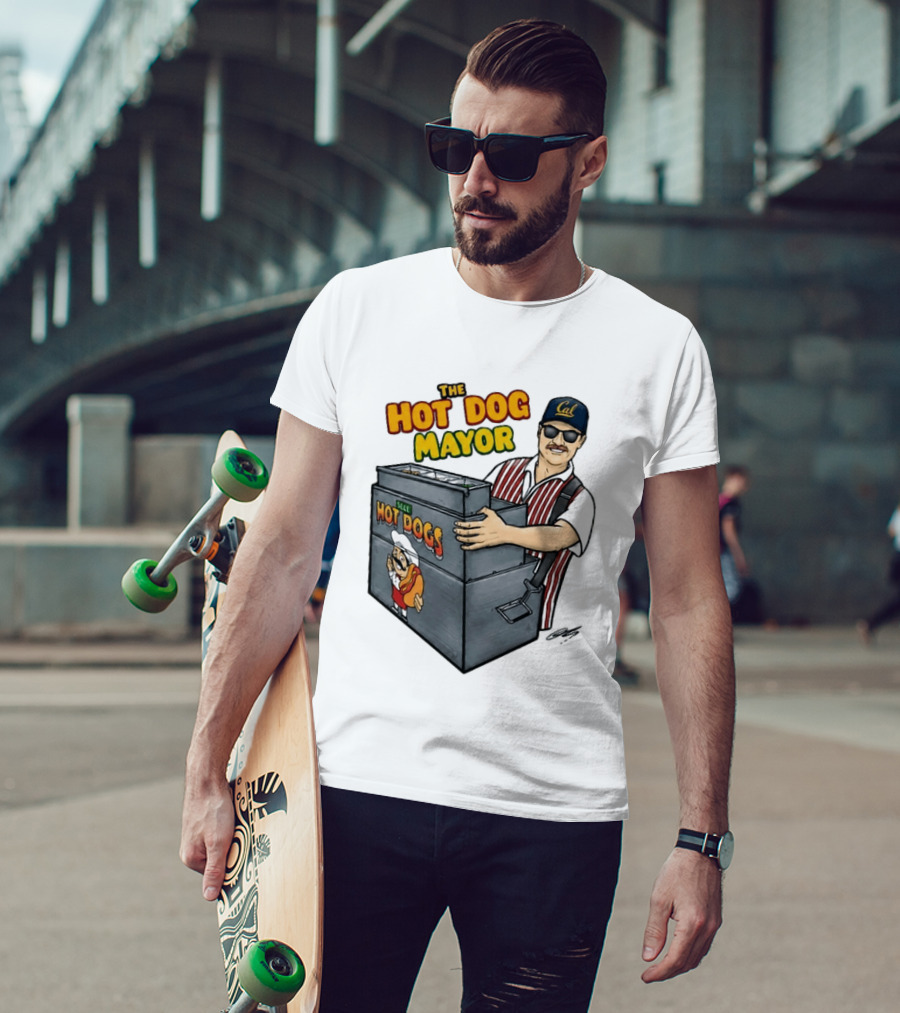 The Hot Dog Mayor Vendor With Cal Hat And Hot Dogs Cart T-Shirt