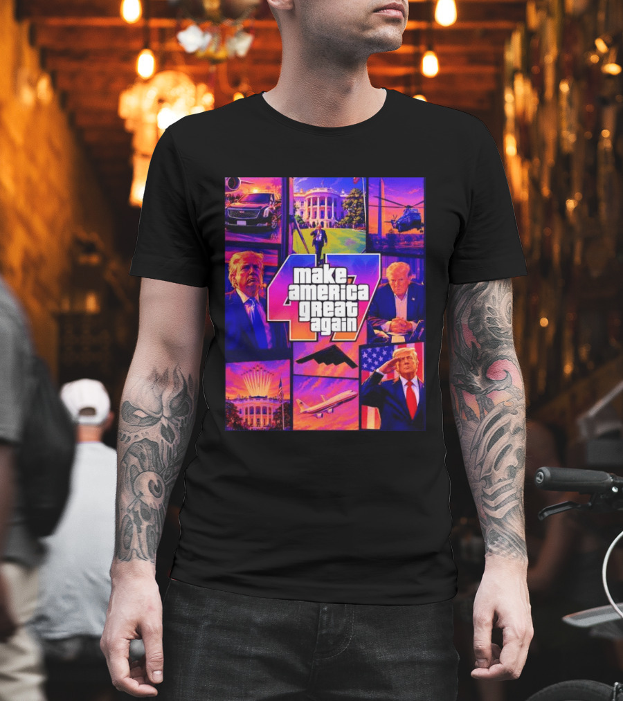 Make America Great Again GTA 47 Parody Trump White House Military Aircraft Montage T-Shirt