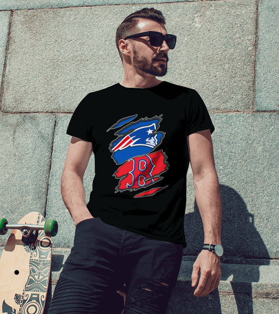 Patriots Red Sox Ripped Design New England Boston Sports Fan T-Shirt