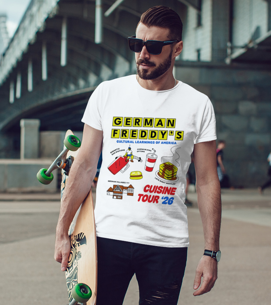 German Freddy's Cultural Learnings Of America Cuisine Tour '26 Village Fest Waffle Burger Soda T-Shirt