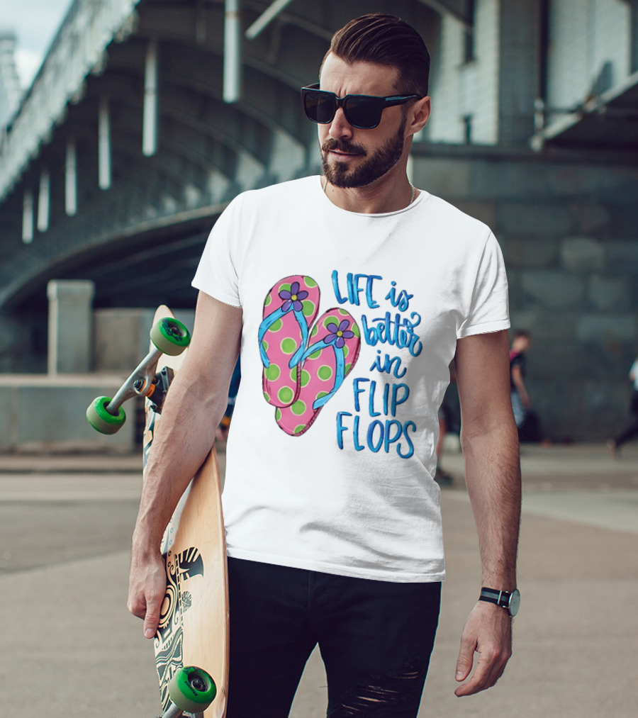 Life Is Better In Flip Flops With Pink Polka Dot And Blue Flower Sandals T-Shirt