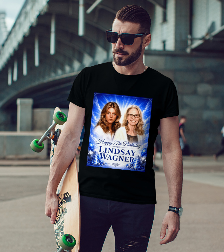 Happy 77th Birthday Celebration Lindsay Wagner Blue Party Balloons T-Shirt