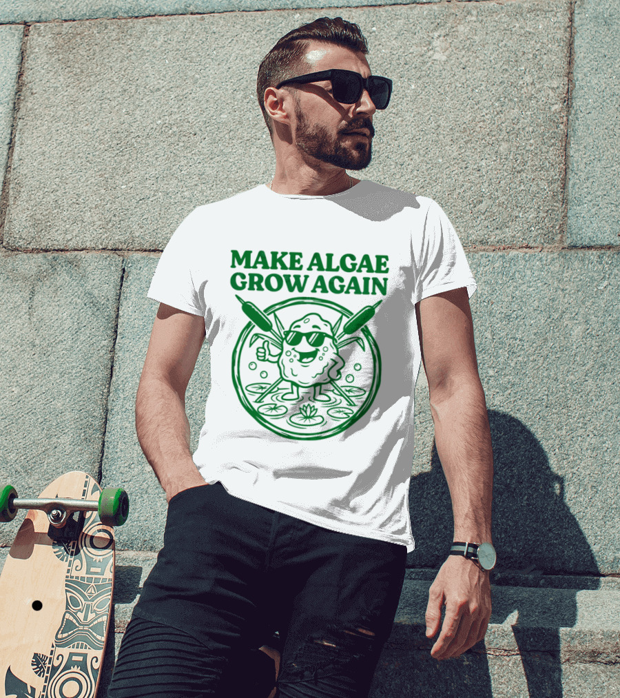 MAKE ALGAE GROW AGAIN Cartoon Thumbs Up With Sunglasses And Cattails Circular Frame T-Shirt