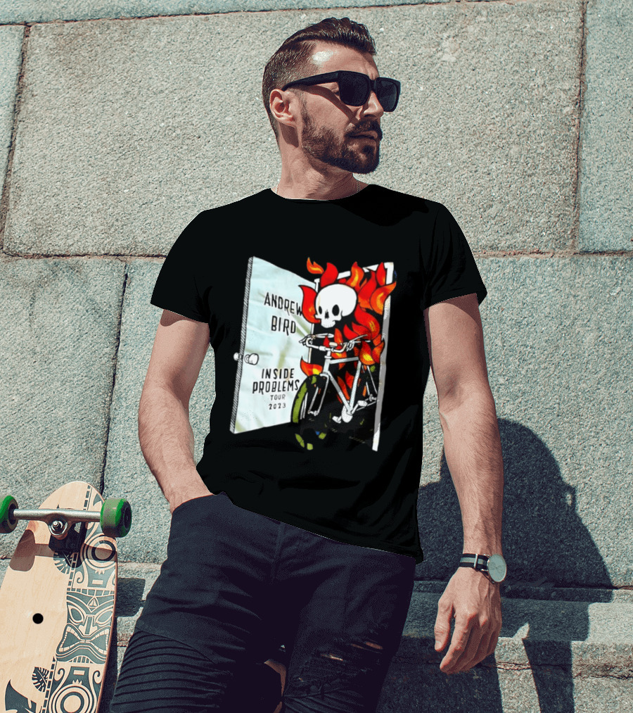 Andrew Bird Inside Problems Tour 2023 Flaming Skeleton On Bicycle T-Shirt