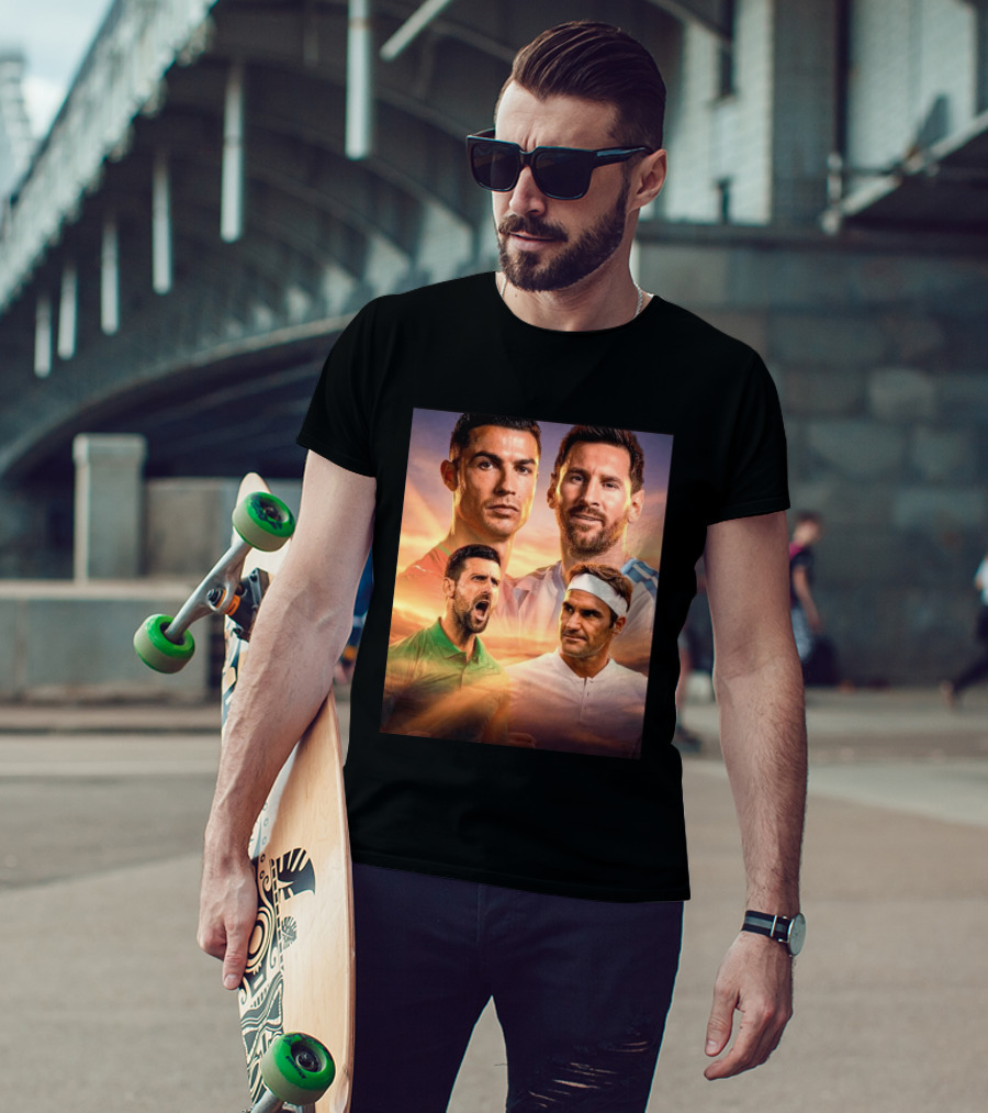 Cristiano Ronaldo Lionel Messi Novak Djokovic Roger Federer GOAT Sports Legends Celebrating Iconic Athletes T-Shirt