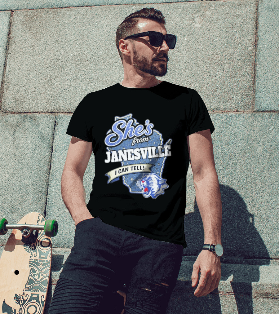 She's From Janesville I Can Tell With Wisconsin Map And Wildcat T-Shirt