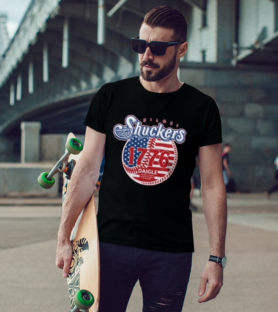Biloxi Shuckers 1776 American Flag Baseball Daigle Text Stars Stripes T-Shirt