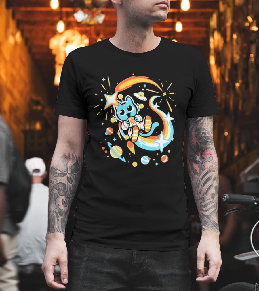 Cosmic Cat Cosmonaut Adventure In Stardust Space With Planets And Shooting Stars T-Shirt